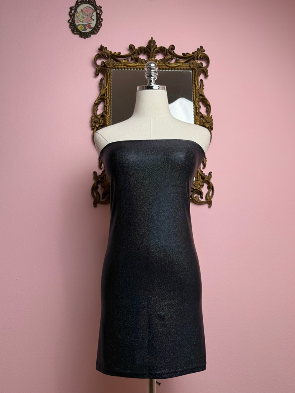 American Apparel Black Holographic Shiny Too Short Tube Strapless Dress Medium